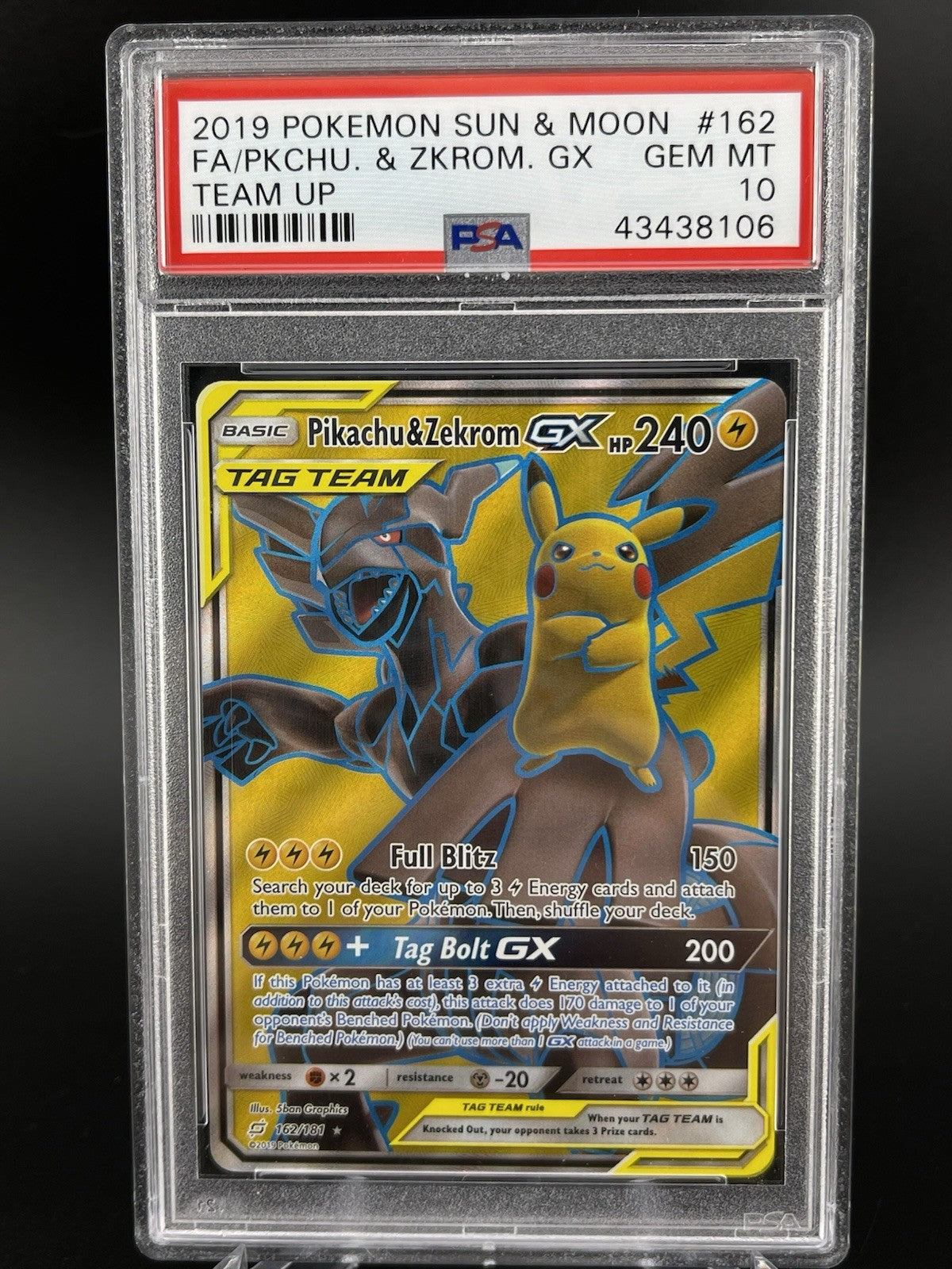 PSA 10 Gem Mint Pikachu & Zekrom GX 162/181 Sun & Moon Team Up FA Pokemon TCG