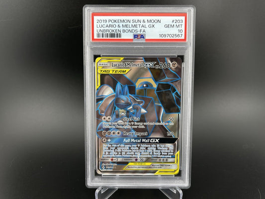PSA 10 GEM MT Lucario & Melmetal GX 203/214 Sun & Moon Unbroken Bond Pokémon TCG