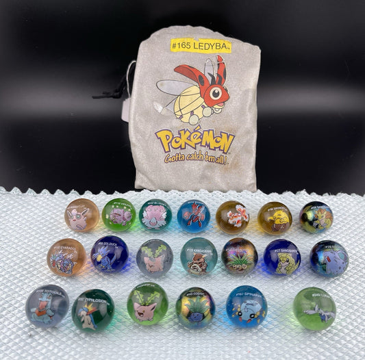 Vintage Pokémon Marbles X22 With Official Ledyba Drawstring Bag - Gyarados Lugia